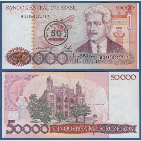 BRASIL 50 CRUZADOS en tinta sobre 50000 CRUZEIROS 1986 CRUZADOS OSWALDO CRUZ Pick 207 BILLETE SC Brazil UNC BANKNOTE