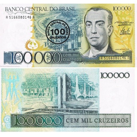 BRASIL 100000 CUZEIROS con resello negro 100 CRUZADOS 1986 JUSCELINO KUBITSCHEK Pick 208 BILLETE SC Brazil UNC BANKNOTE