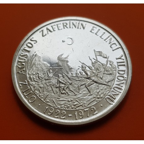 TURQUIA 50 LIRAS 1972 BATALLA DUMLUPINAR KM.901 MONEDA DE PLATA PROOFLIKE Turkey silver coin