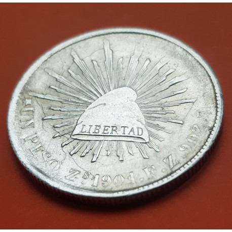MEXICO 1 PESO 1901 F.Z. ZACATECAS Zs GORRO FRIGIO y AGUILA EN RAMA KM.409.3 MONEDA DE PLATA @ESCASA@ silver coin