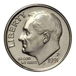 ESTADOS UNIDOS 10 CENTAVOS DIME 1991 P ROOSVELT KM.195A MONEDA DE NICKEL SC USA COIN