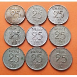 9 monedas x SUECIA 25 ORE 1952/1961 CORONA REY GUSTAV V Y VALOR KM.824 MONEDA DE PLATA MBC Sweden silver