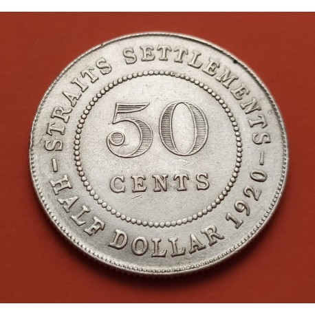 ESTRECHOS MALAYOS 50 CENTIMOS 1920 REY JORGE V KM.35.1 MONEDA DE PLATA SC- Straits Settlements 50 Cents Ref/2