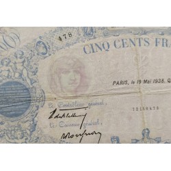 FRANCIA 500 FRANCOS 1938 MAYO 19 DIOSA CON QUERUBINES Pick 88C BILLETE BC @RARO@ France BLUE ET ROSE
