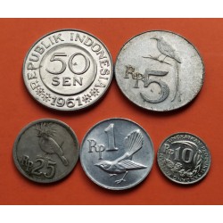 5 monedas x INDONESIA 1+5+10+25 RUPIAS + 50 SEN 1961 a 1970 DIFERENTES METALES KM.14/20 MONEDA DE ALUMINIO EBC+