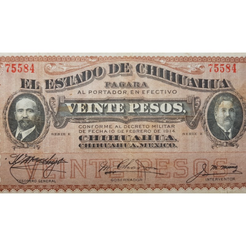 MEXICO 20 PESOS 1914 1915 AUNC EL ESTADO DE CHIHUAHUA P-S537 REVOLUTION BANKNOTE 