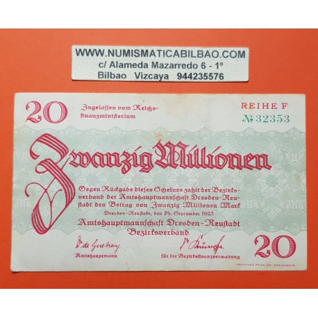 1 billete x ALEMANIA 20 MILLONES DE MARCOS 1923 DRESDEN NEUSTADT COLOR VERDE y ROJO Pick 108 EBC Germany 20 MILLIONEN