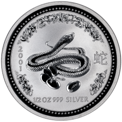 AUSTRALIA 50 CENTAVOS 2001 AÑO DE LA SERPIENTE I SERIE LUNAR MONEDA DE PLATA SILVER 1/2 ONZA OUNCE HALF OZ SNAKE