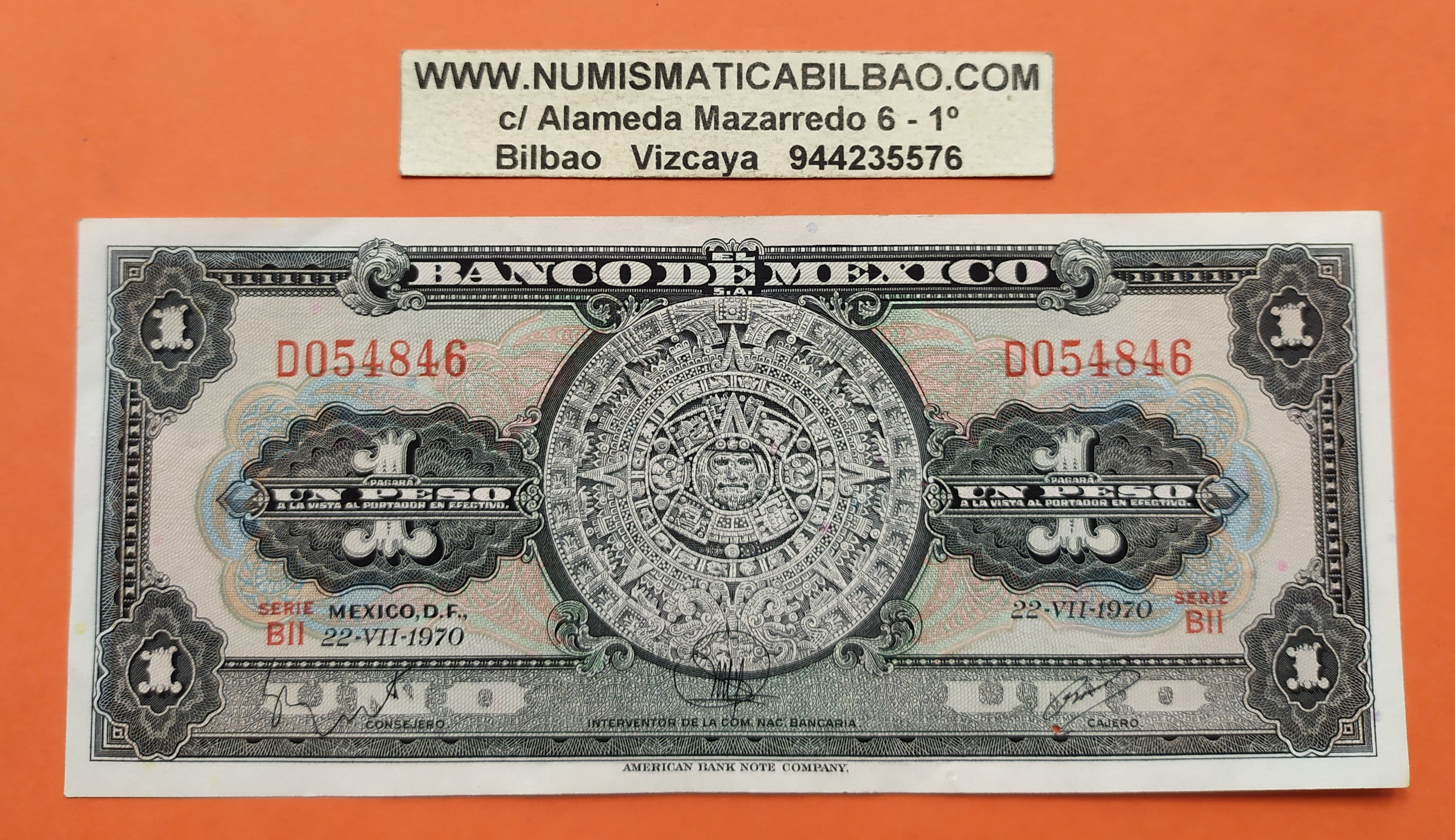 Mexico 1 Peso 1970 Calendario Azteca Serie D054846 Pick 59l Billete Circulado Agujeritos Mejico Banknote calendario 1970 mexico