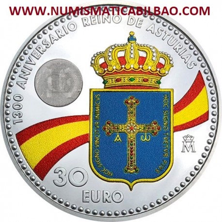 ESPAÑA 30 EUROS 2018 PLATA 2ª MONEDA 1300 ANIVERSARIO DEL REINO DE ASTURIAS @COLORES@ INFANTA LEONOR y REY FELIPE VI SC EN BOLSA