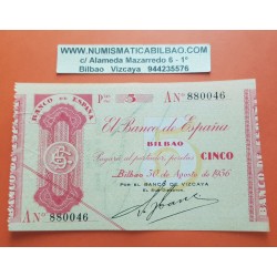 @CASI NUEVO@ BILBAO 5 PESETAS 1936 Serie A BANCO de VIZCAYA 880046 BILLETE LOCAL GOBIERNO DE EUSKADI GUERRA CIVIL