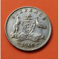 AUSTRALIA 6 PENIQUES 1960 REINA ISABEL II Y VALOR KM.58 MONEDA DE PLATA EBC 6 Pence silver WWII