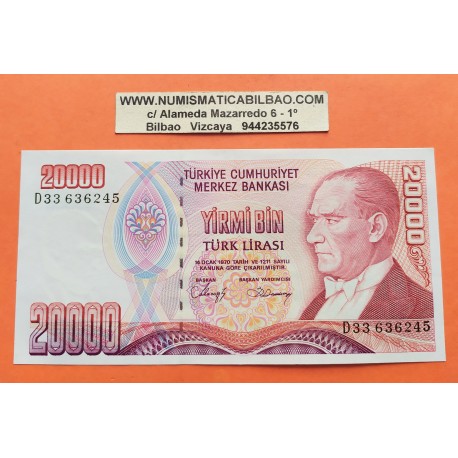 TURQUIA 20000 LIRAS 1970 1995 MIMAR SINAN y RASCACIELOS Pick 202 BILLETE SC TURKEY UNC BANKNOTE LIRASI