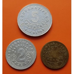 3 monedas x AZCOITIA 1+2+5 PESETAS 1915 FICHA DE COOPERATIVA OBRERA DE CONSUMO LATON ALUMINIO Guipuzkoa Euzkadi