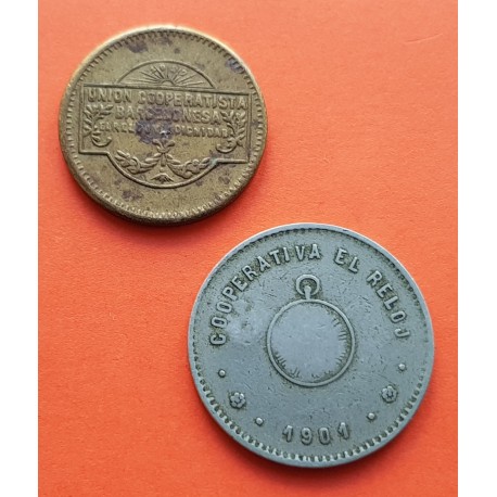 2 monedas x BARCELONA 1 PESETA 1901 FICHA DE COOPERATIVA EL RELOJ y 5 CENTIMOS 1927 LA DIGNIDAD LATON y NICKEL Token Jetón