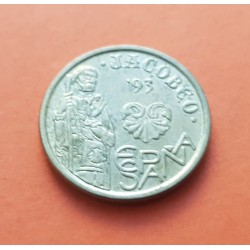 @ERROR TROZOS DE METAL EN CONCHA y NUMERO@ ESPAÑA 5 PESETAS 1993 JACOBEO 93 MONEDA DE LATON MBC+ VARIANTE CATALOGADA R/2