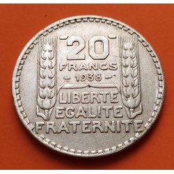 @MUESCAS@ FRANCIA 20 FRANCOS 1938 BUSTO DE DAMA - TURIN KM.879 MONEDA DE PLATA MBC France 20 Francs 0,58 ONZAS R/1