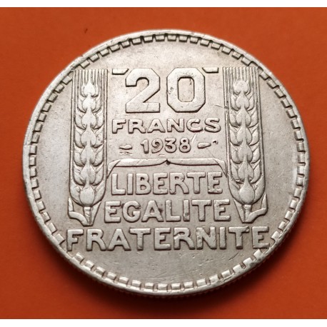 @MUESCAS@ FRANCIA 20 FRANCOS 1938 BUSTO DE DAMA - TURIN KM.879 MONEDA DE PLATA MBC France 20 Francs 0,58 ONZAS R/1
