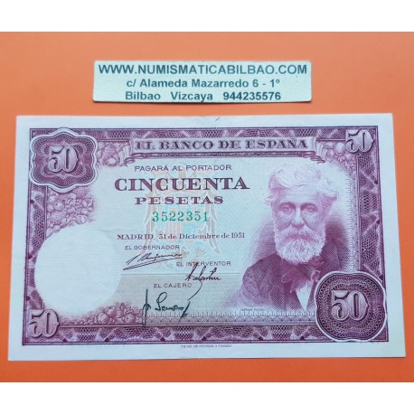 ESPAÑA 50 PESETAS 1951 SANTIAGO RUSIÑOL Sin Serie 3522351 Pick 141 BILLETE MBC++ @ROTURA@ Spain banknote