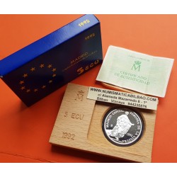 ESPAÑA 5 ECU 1992 REY CARLOS III MONEDA DE PLATA PROOF 1 ONZA ESTUCHE FNMT 5 ECUS 1992