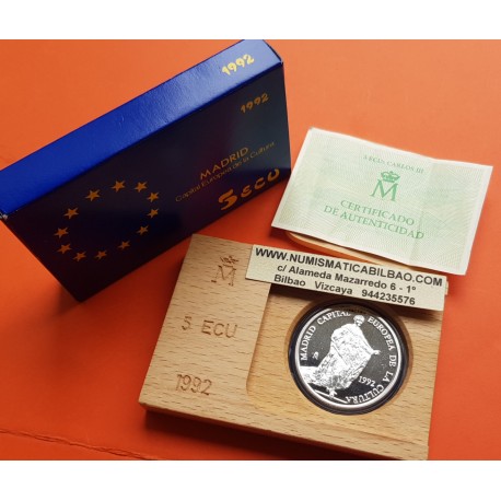 ESPAÑA 5 ECU 1992 REY CARLOS III MONEDA DE PLATA PROOF 1 ONZA ESTUCHE FNMT 5 ECUS 1992