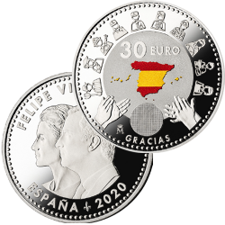 ESPAÑA 30 EUROS 2020 HEROES EN LA LUCHA CONTRA EL CORONAVIRUS MONEDA DE PLATA en COLORES SC BOLSA ORIGINAL FNMT