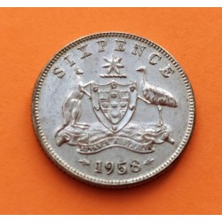 AUSTRALIA 6 PENIQUES 1958 REINA ISABEL II y VALOR KM.58 MONEDA DE PLATA EBC 6 Pence silver