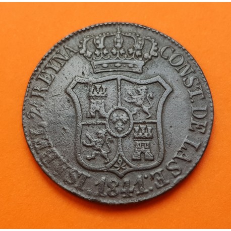 ESPAÑA Reina ISABEL II 6 CUARTOS 1841 PRINCIP DE CATALUÑA ESCUDO KM.128 MONEDA DE COBRE @ESCASA@ Spain R/2