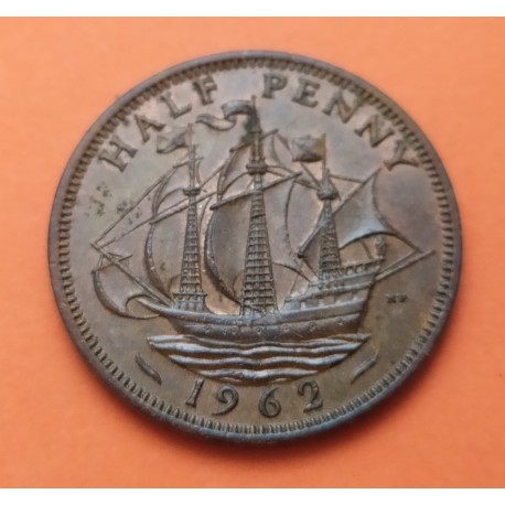 INGLATERRA 1/2 PENIQUE 1962 BARCO VELERO ISABEL II KM.896 MONEDA DE BRONCE EBC- UK Half Penny coin