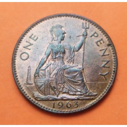 INGLATERRA 1 PENIQUE 1963 ISABEL II y BRITANIA Tipo NO BRIT:OMN KM.897 MONEDA DE BRONCE EBC+ United Kingdom 1 Penny