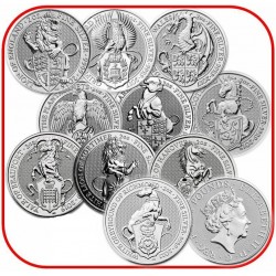 . 10 monedas x INGLATERRA 5 LIBRAS 2016+2017+2018+2019+2020+2021 QUEEN'S BEASTS PLATA LEON GRIFFIN DRAGON UNICORNIO 2 ONZAS OZ