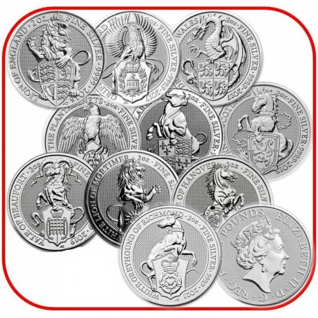. 10 monedas x INGLATERRA 5 LIBRAS 2016+2017+2018+2019+2020+2021 QUEEN'S BEASTS PLATA LEON GRIFFIN DRAGON UNICORNIO 2 ONZAS OZ