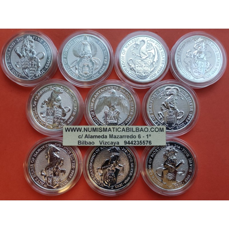 10 monedas x INGLATERRA 5 LIBRAS 2016+2017+2018+2019+2020+2021 QUEEN'S BEASTS PLATA LEON GRIFFIN DRAGON UNICORNIO... 2 ONZAS OZ