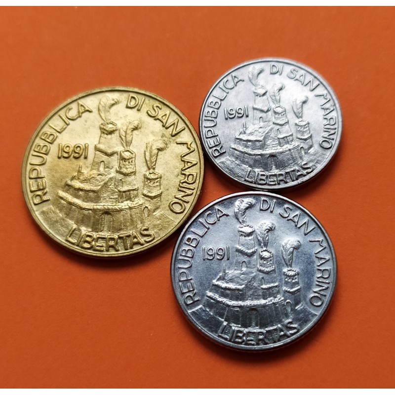 3 monedas x SAN MARINO 20+50+100 LIRAS 1991 ALBERONI GARIBALDI NAPOLEON KM.265 a 267 ACERO y LATON