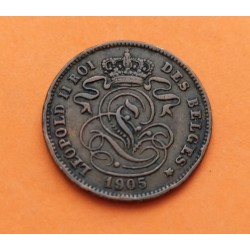 BELGICA 2 CENTIMOS 1905 DES BELGES LEON EPOCA DEL REY LEOPOLDO II KM.35.1 MONEDA DE COBRE MBC Belgium 2 Cents