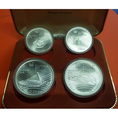 4 monedas x CANADA 5 DOLARES 1976 + 10 DOLARES 1976 XXI OLIMPIADA DE MONTREAL 76 PLATA SC Estuche Oficial