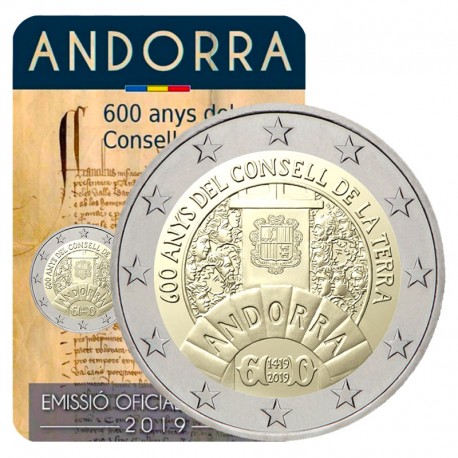 @ESCASA@ ANDORRA 2 EUROS 2019 CONSEJO DE LA TIERRA 600 ANIVERSARIO SC 2ª MONEDA BIMETALICA CONMEMORATIVA COINCARD