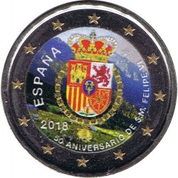 @MONEDA EN COLORES@ ESPAÑA 2 EUROS 2018 ANIVERSARIO DEL REY FELIPE VI y ESCUDO BIMETALICA @RARA@ SC