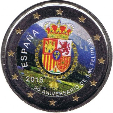 @MONEDA EN COLORES@ ESPAÑA 2 EUROS 2018 ANIVERSARIO DEL REY FELIPE VI y ESCUDO BIMETALICA @RARA@ SC