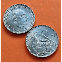 ESPAÑA 25 PESETAS 1957 * 65 FRANCO SIN CIRCULAR NICKEL SI PLUS