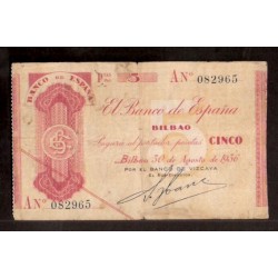 BILBAO 5 PESETAS 1936 BANCO DE VIZCAYA Serie A 082965 BILLETE MBC Tipo TALON EUZKADI GUERRA CIVIL EUSKADI