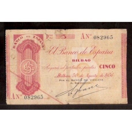 1936 EUSKADI 5 PESETAS BANCO de VIZCAYA Serie A 082965 MBC