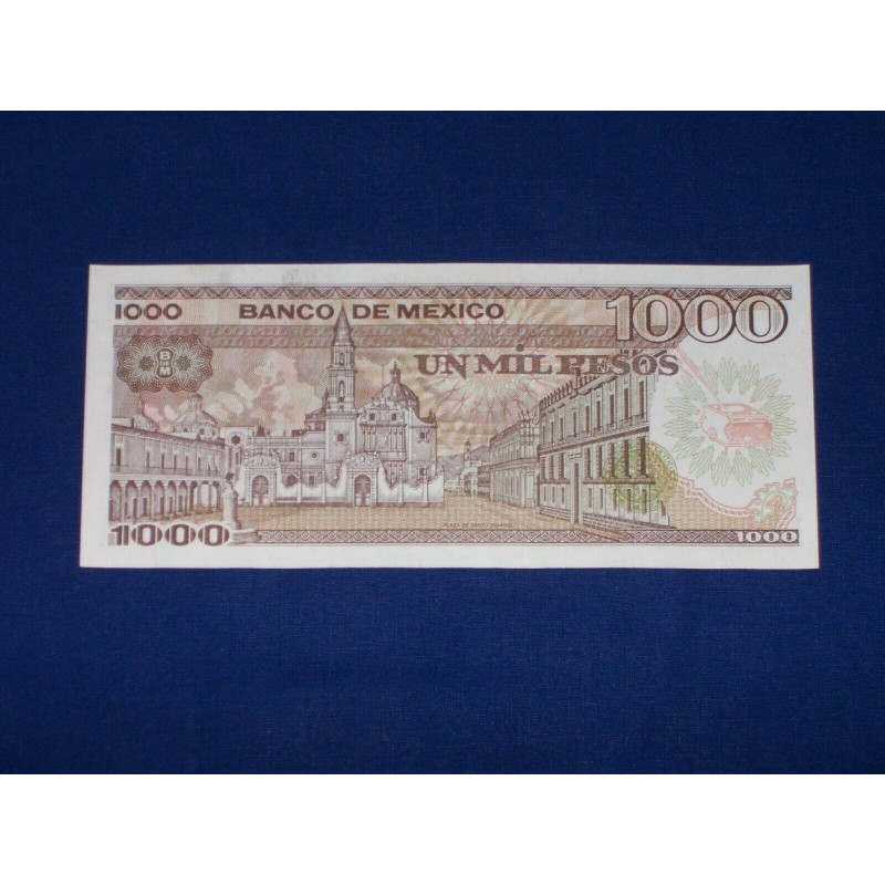 MEXICO 1000 PESOS 1985 JUANA ASBAJE e IGLESIA PLAZA DE S DOMINGO HV RESELLO MORADO Pick 85 BILLETE SC Mejico UNC BANKNOTE
