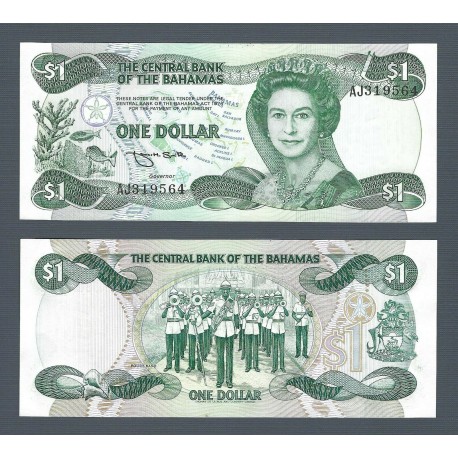 BAHAMAS 1 DOLAR 1974 REINA ISABEL II y BANDA DE MUSICA Firma SMITH Pick 43B BILLETE SC Caribe $1 Dollar UNC BANKNOTE