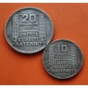 2 monedas x FRANCIA 10 FRANCOS 1934 KM.878 + 20 FRANCOS 1933 DAMA Ceca de Paris KM.879 PLATA MBC
