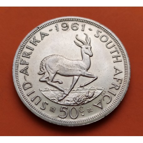 SUDAFRICA 50 CENTIMOS 1961 EENDRAG MAAK MAG y ANTILOPE KM.62 MONEDA DE PLATA @PROOFLIKE@ SUD SOUTH AFRICA silver