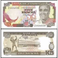 ZAMBIA 5 KWACHA 1989 PRESIDENTE y HOTEL PICK 30 BILLETE SC BANKNOTE UNC AFRICA