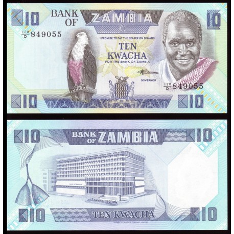 ZAMBIA 10 KWACHA 1980 PRESIDENTE y BANCO CENTRAL PICK 26E BILLETE SC BANKNOTE UNC AFRICA