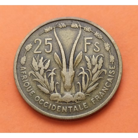 AFRICA OCCIDENTAL FRANCESA 25 FRANCOS 1956 ANTILOPE KM.7 MONEDA DE LATON MBC+ Hoy SENEGAL, NIGER, DAHOMEY, COSTA DE MARFIL...