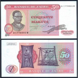 @IMPERFECCIONES@ ZAIRE 50 MAKUTA 1979 GUEPARDO, NATIVO y DICTADOR MOBUTU Pick 17 BILLETE SC Africa UNC BANKNOTE